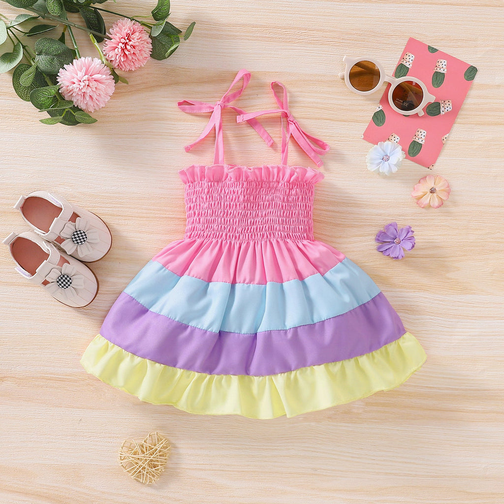 9M-3Y Baby Girls Rainbow Colorblock Smocked Cami Dresses Wholesale Baby Clothes In Bulk - PrettyKid