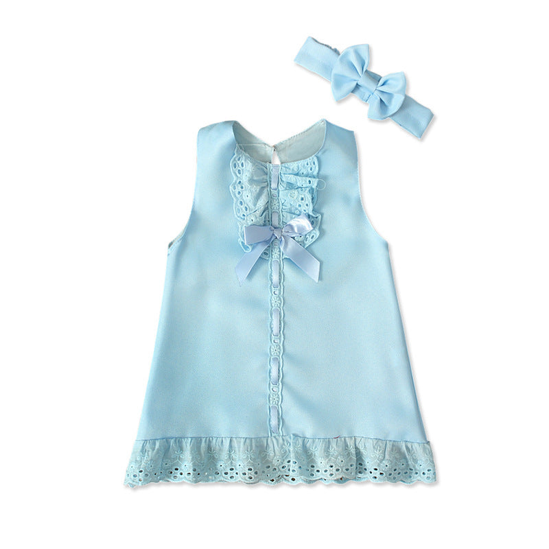 3-18M Baby Girl Sleeveless Bow Mesh Ruffle Hem Dress And Headband Wholesale Baby Clothes - PrettyKid