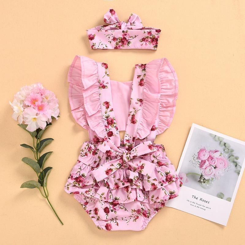 2-piece Ruffle Floral Printed Bodysuit & Headwear for Baby Girl Wholesale children's clothing - PrettyKid