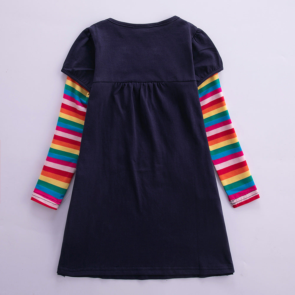 3-8Y Kid Girls Rainbow Striped Sleeve Unicorn Dresses Wholesale Kids Boutique Clothing - PrettyKid