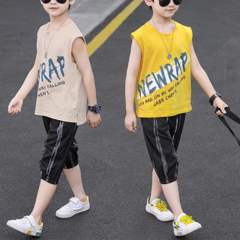 Boy Letter Print Loose Tank & Striped Knee Length Shorts - PrettyKid