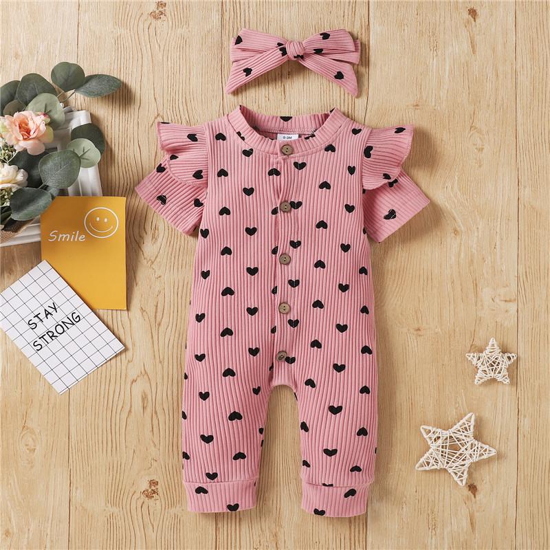 Baby Girl Heart-shaped Print Ribbed Jumpsuit & Headband Children's Clothing - PrettyKid