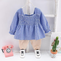 boy designer clothes wholesale Toddler Girl Plaid Square Collar Top & Pants - PrettyKid