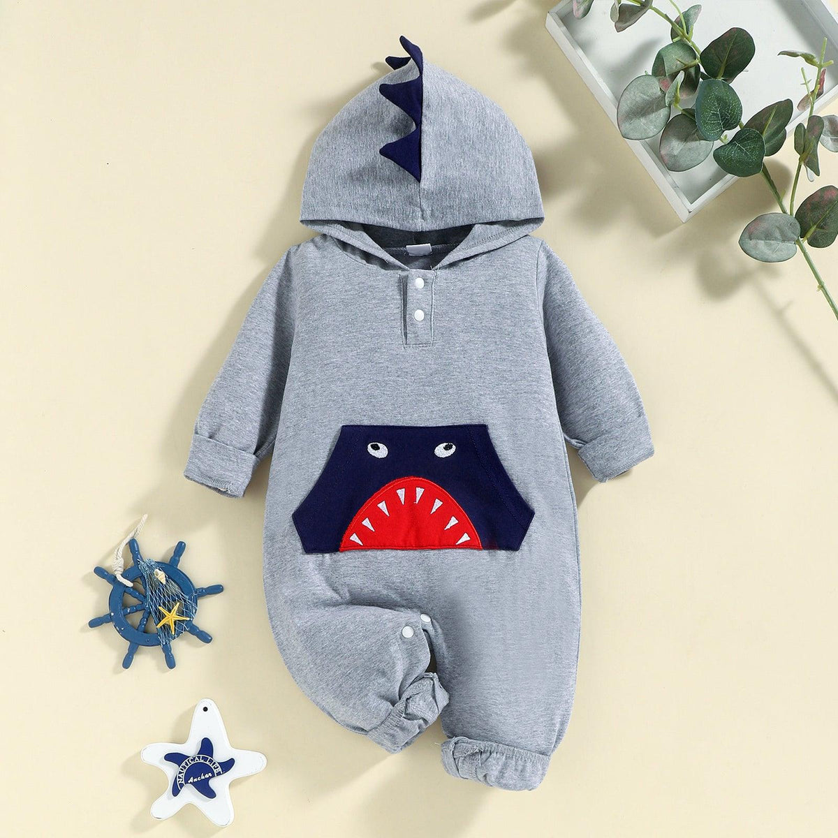 Baby Boys' Dinosaur Hooded Long Sleeved Jumpsuit - PrettyKid