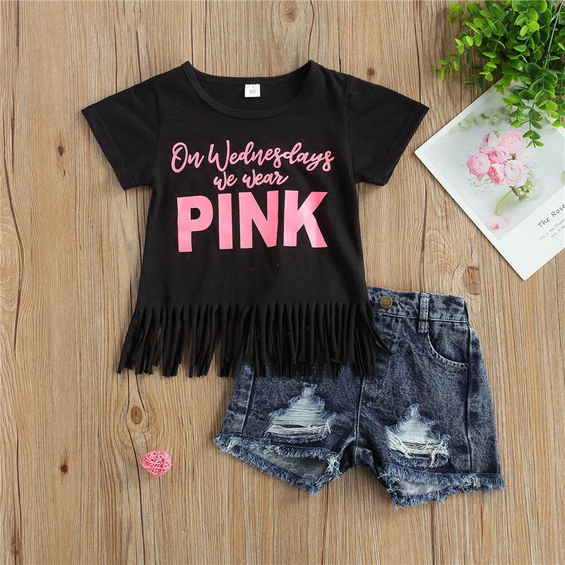 Toddler Girl Letter Print T-Shirt & Ripped Shorts Children's Clothing - PrettyKid