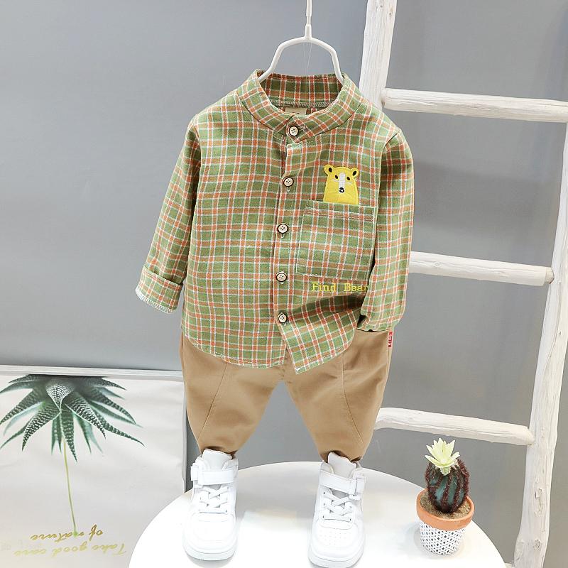 2-piece Bear Pattern Plaid Shirt & Pants for Children Boy - PrettyKid