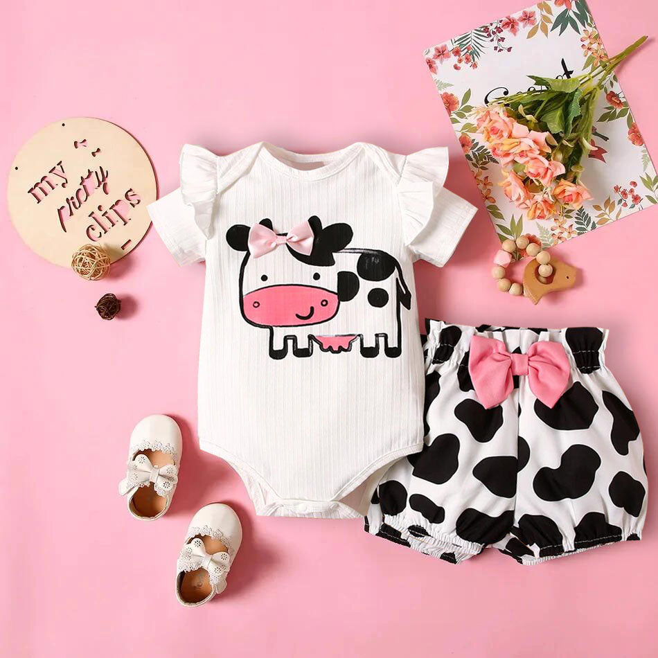 6-24M Baby Girls Sets Cow Print Bodysuit & Bow Shorts Baby Clothes In Bulk - PrettyKid