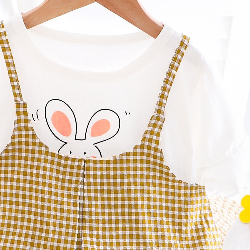 Rabbit Printed Plaid T-shirt & Plaid Shorts Set - PrettyKid