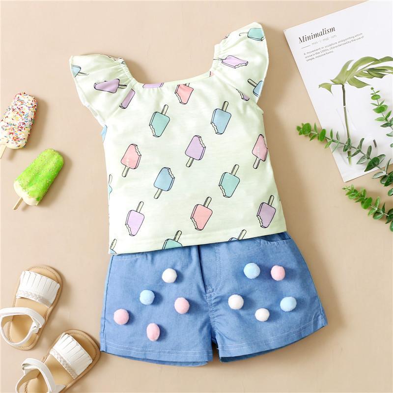 childrenswear wholesale Baby Girl Popsicle Print Ruffle Sleeve Top & Denim Shorts Wholesale Children's Clothing - PrettyKid