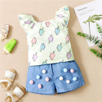 childrenswear wholesale Baby Girl Popsicle Print Ruffle Sleeve Top & Denim Shorts Wholesale Children's Clothing - PrettyKid