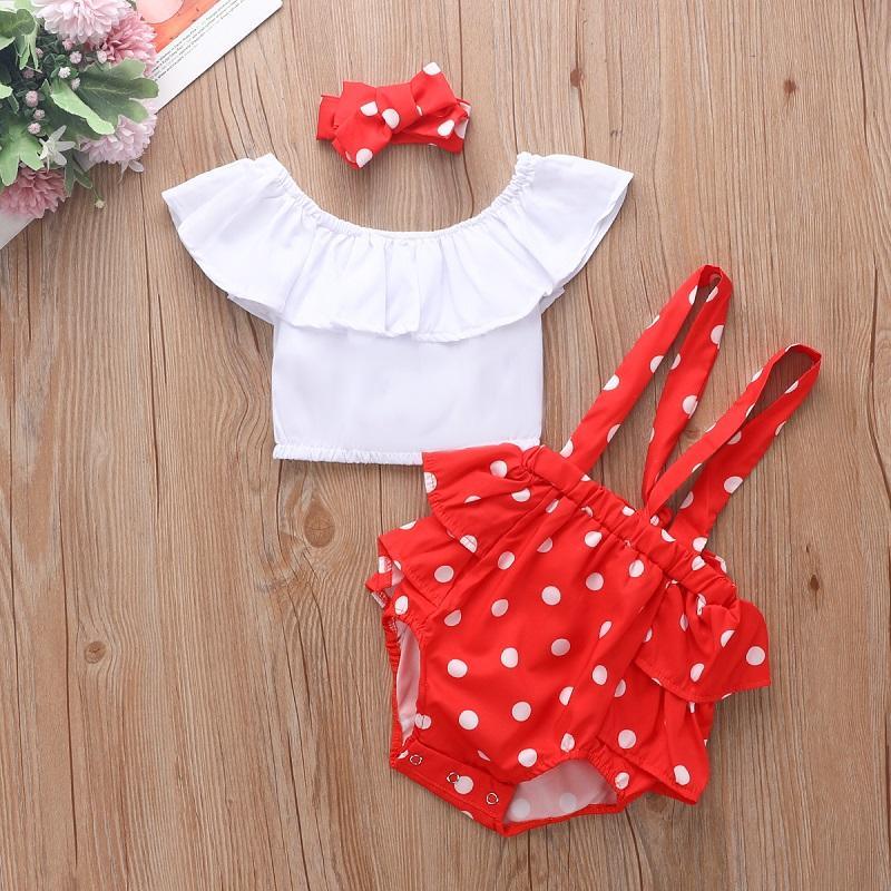 Baby Girl Ruffle Top & Suspender Shorts & Polka Dot Headband - PrettyKid