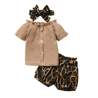 Baby Girl 3pcs Leopard Pattern Suit T-Shirt & Short & Headhand - PrettyKid