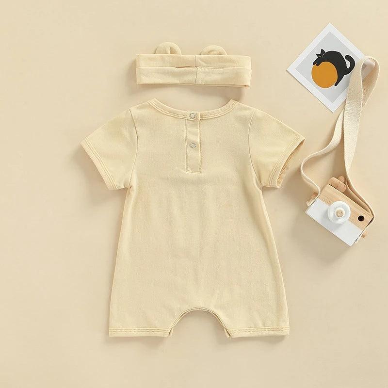 Baby Bear Print Bodysuit And Headband Baby One Piece Jumpsuit - PrettyKid