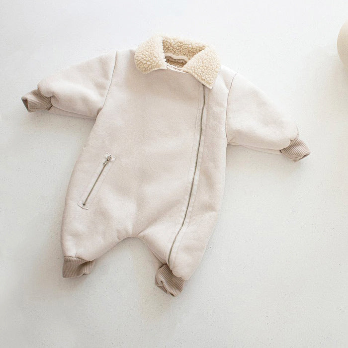 3-18M Plain Baby Rompers Wholesale Side Zip Lapel Long Sleeve Furry Thermal Wholesale Baby Clothes - PrettyKid