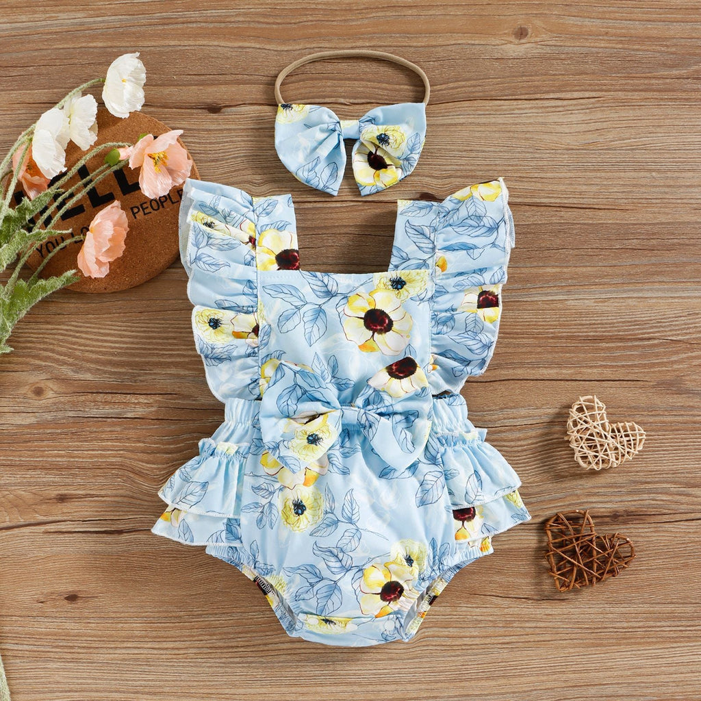 3-18M Baby Girls Floral Print Flutter Sleeve Bow Bodysuit & Headband Baby Clothes In Bulk - PrettyKid