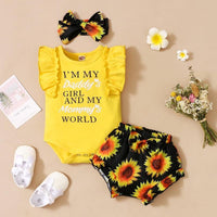 Baby Girl Letter Print Romper & Sunflower Print Super Shorts & Headband - PrettyKid