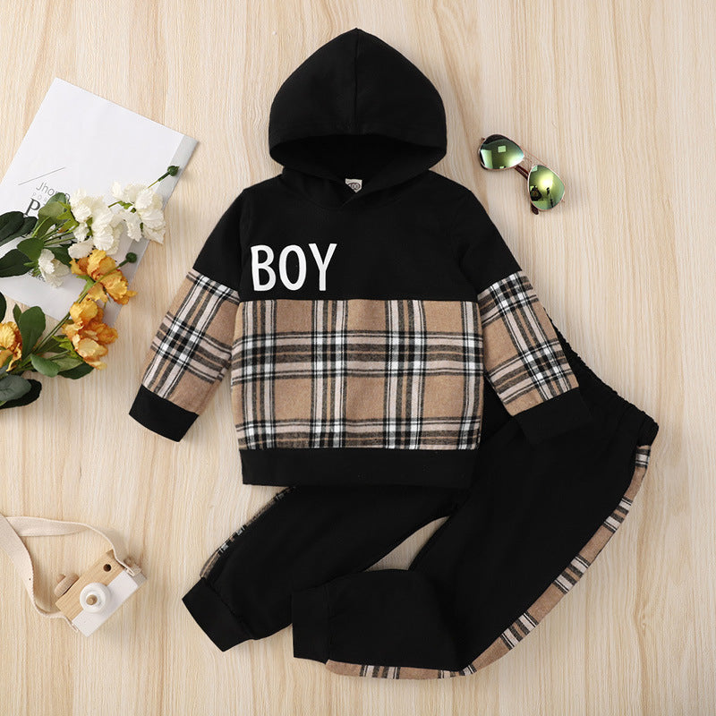 Boys Letter Printing Plaid Patch Hoodie And Plaid Trousers Wholesale Toddler Clothing Sets - PrettyKid