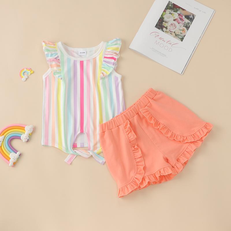 Toddler Girl Colorful Striped Ruffle Armhole Top& Ruffle Trim Shorts Children's Clothing - PrettyKid