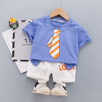 Grow Boy Tie Patten Top & Contrast Letters Shorts - PrettyKid