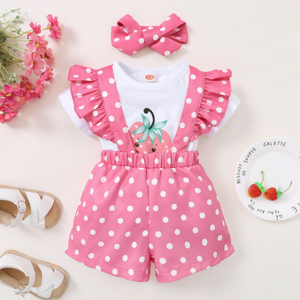 3-24M Baby Onesie Sets Strawberry Print So Polka Dot Bib Headband Wholesale Baby Clothes KCL519305 - PrettyKid