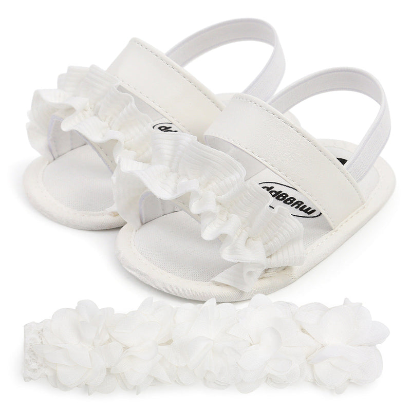 3-18M Baby Girls Ruffle Trim Walking Sandals With Headband - PrettyKid