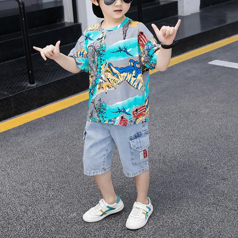 Boy Dinosaur Pattern T-shirt & Large Side Pockets Capri pants Children's Clothing - PrettyKid