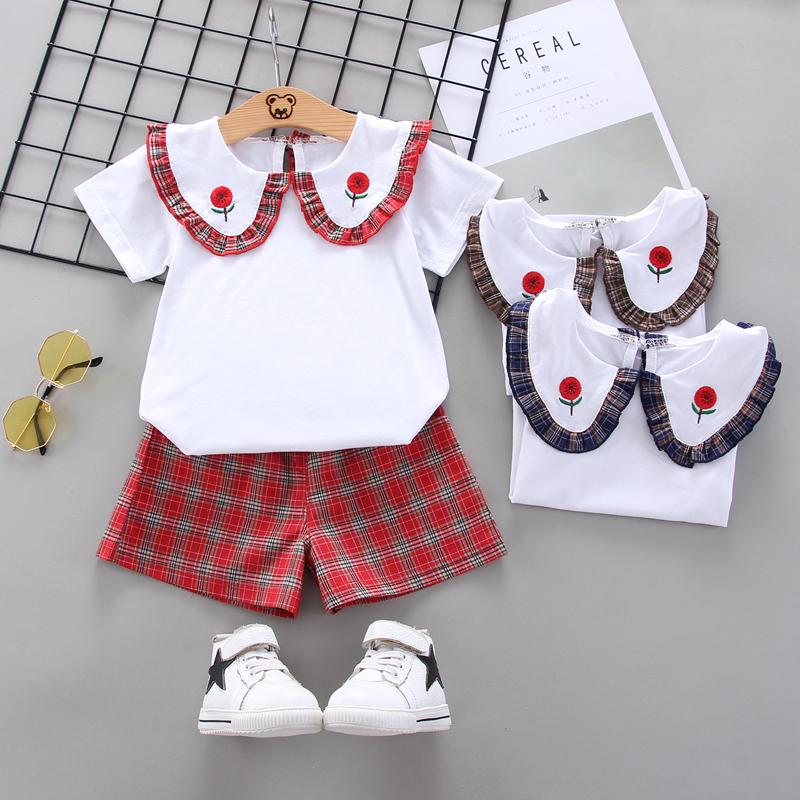 Toddler Girl Doll Collar T-shirt & Check A-line Shorts Wholesale Children's Clothing - PrettyKid