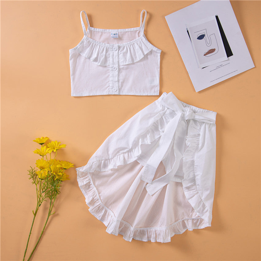 18months-6years Toddler Girl Sets Children's Clothing Wholesale White Suspenders & Irregular Skirt Girls Summer Suit - PrettyKid