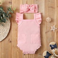 New Born Girl Ribbed Ruffle Sleeve Bodysuit & Bowknot Headband - PrettyKid