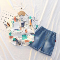 Toddler Boy Abstract Flower Shirt & Denim Shorts - PrettyKid