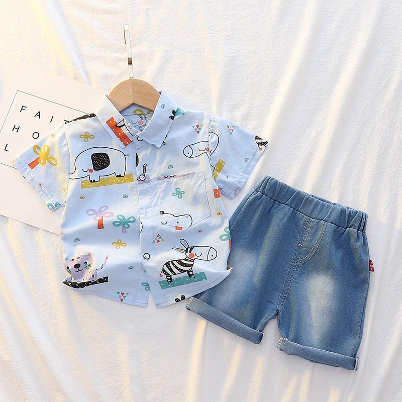 Toddler Boy Animal Print Shirt & Denim Shorts - PrettyKid