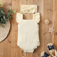 New Born Girl Ribbed Ruffle Sleeve Bodysuit & Bowknot Headband - PrettyKid