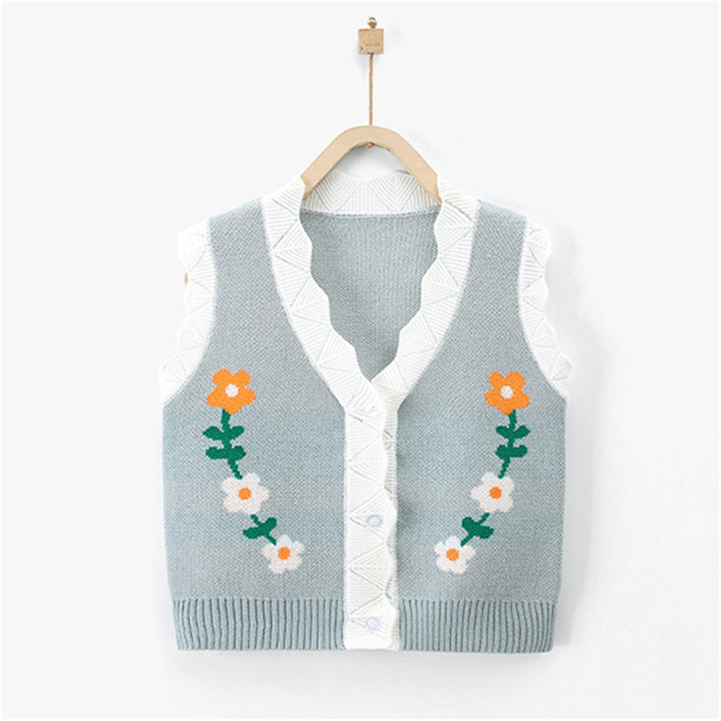 Wholesale Toddler Girl V-neck Floral Solid Single Vest in Bulk - PrettyKid
