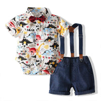 Baby Boys Summer Cartoon Dinosaur Print Shirt & Overalls Shorts Two Piece Sets - PrettyKid