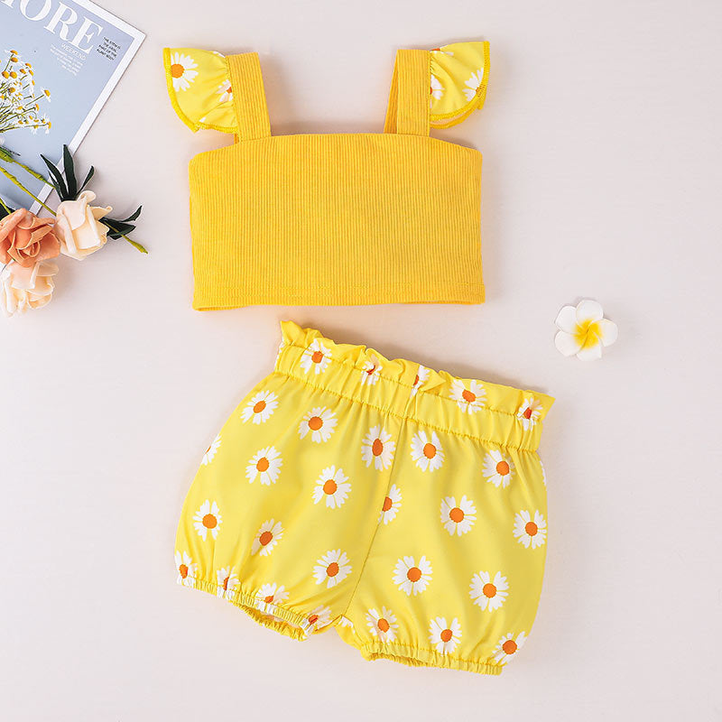 3-24months Baby Sets Summer Children's Clothing Set Flying Sleeve Sunflower 2-Piece Set - PrettyKid
