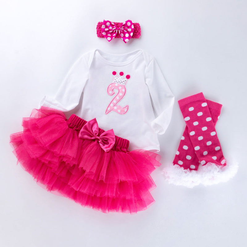 0-24M Baby Girls Birthday Sets Letter Bodysuit & Tutu Skirts & Headband & Leg Warmers Baby Clothes In Bulk - PrettyKid