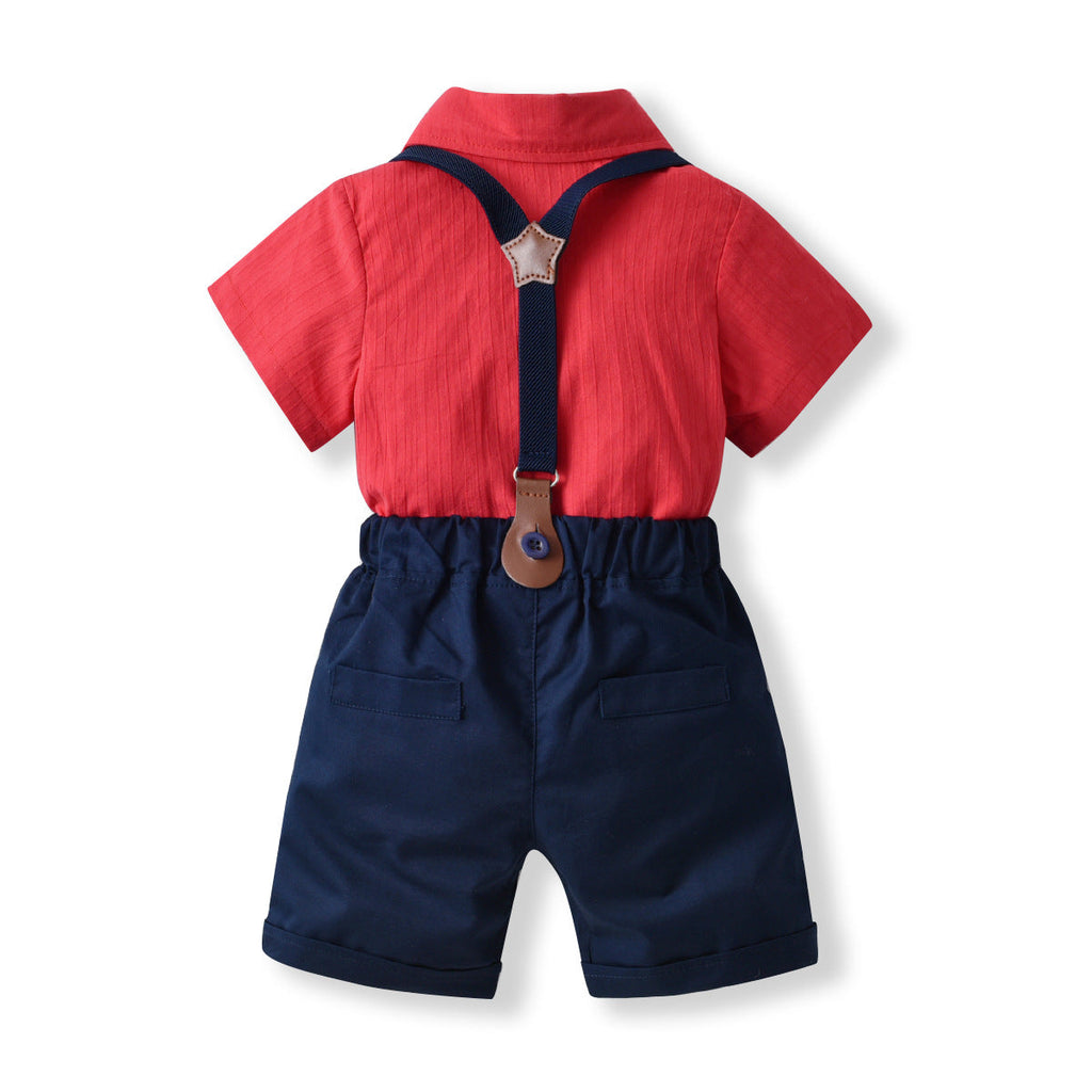 9M-3Y Boys Suit Sets Red Bowtie Bodysuit & Suspender Shorts Wholesale Baby Clothes - PrettyKid
