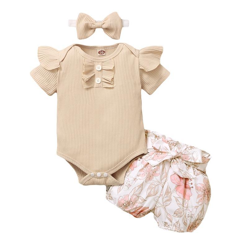 Baby Girl 3pcs Floral Pattern Suit T-Shirt & Short & Headhand - PrettyKid