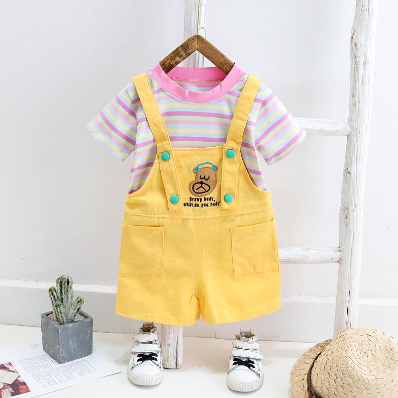 2-piece Colorful Striped T-shirt & Dungarees for Toddler Girl Wholesale children's clothing - PrettyKid