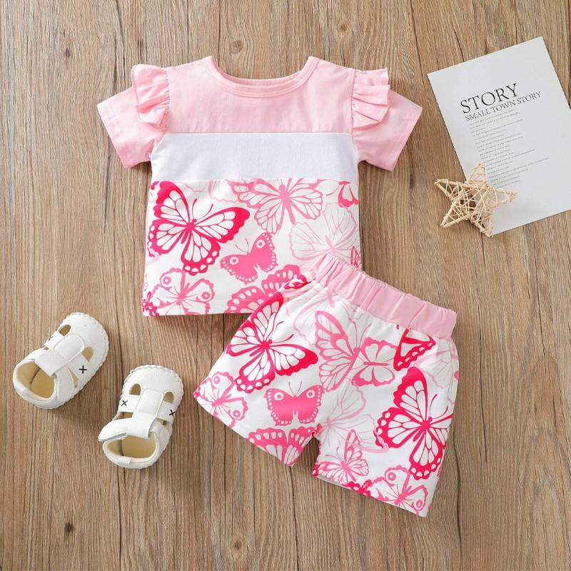 Baby Girl Butterfly Pattern Color-block T-shirt & Shorts - PrettyKid