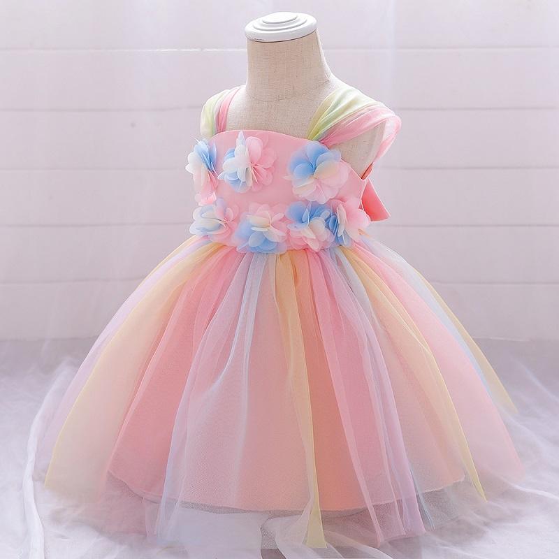 Toddler Girl 3D Flower Decor Color-block Sleeveless Mesh Formal Dress - PrettyKid