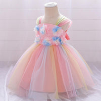 Toddler Girl 3D Flower Decor Color-block Sleeveless Mesh Formal Dress - PrettyKid