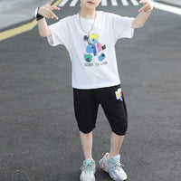 Boy Bear Pattern T-shirt & Knee Length Shorts - PrettyKid