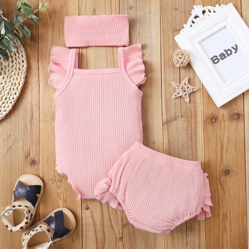 New Born Girl Ribbed Ruffle Sleeve Bodysuit & Bowknot Headband & Ruffle Super Short - PrettyKid