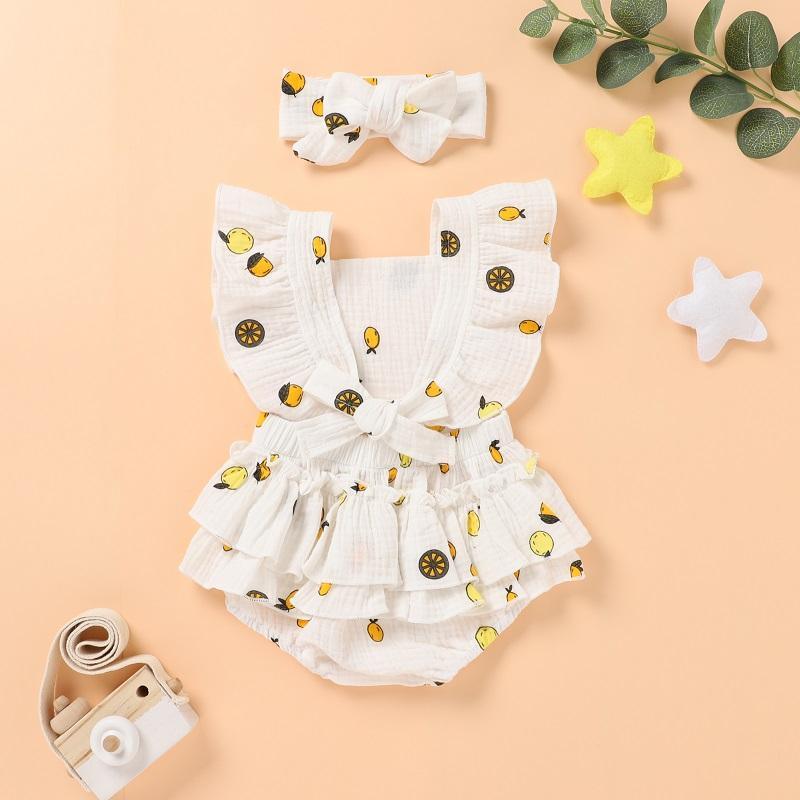 Baby Girl Lemon Print Ruffle Armhole Bodysuit & Headband Children's Clothing - PrettyKid