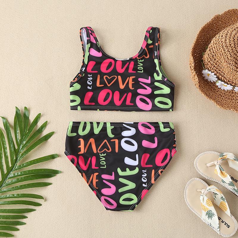 Toddler Girl Letter Print Two-piece Swimsuit - PrettyKid
