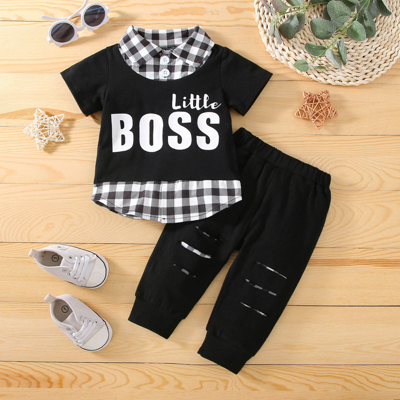 3-24M Baby Boys Outfits Sets Little Boss Plaid Lapel Top & Ripped Pants Wholesale Boys Boutique Clothing - PrettyKid