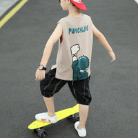 Boy Letter Print Loose Tank & Striped Knee Length Shorts - PrettyKid