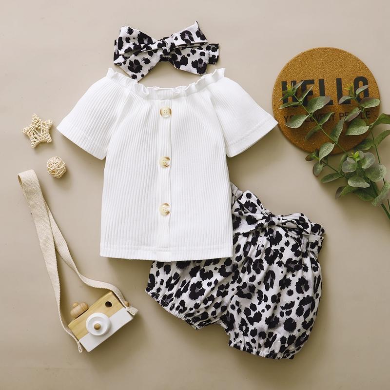 Baby Girl 3pcs Leopard Pattern Suit T-Shirt & Short & Headhand - PrettyKid