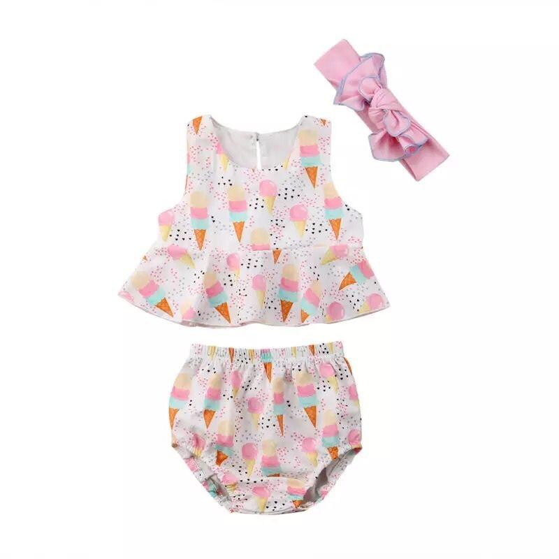 Toddler Girl Ice Cream Print Top & Super Shorts & Bowknot Headband - PrettyKid